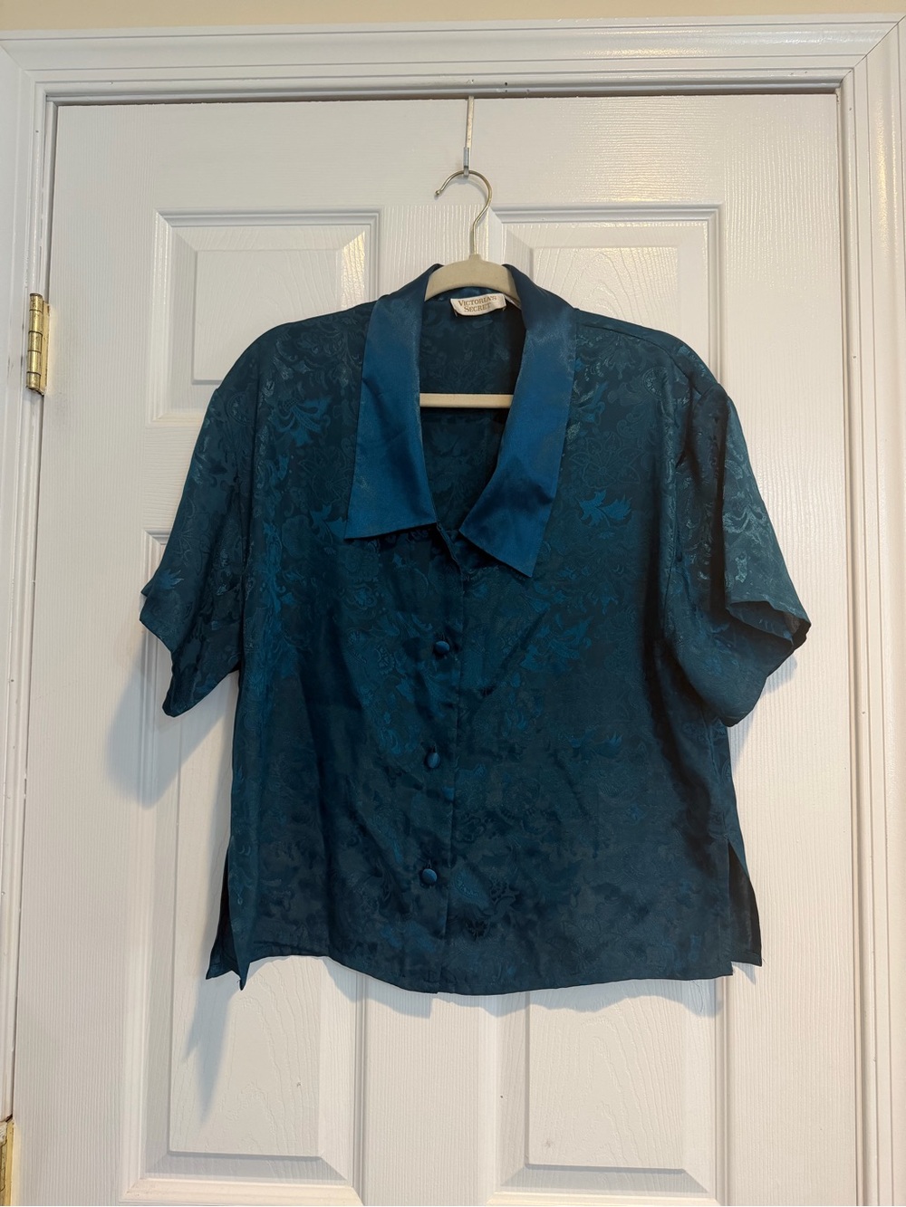 VTG Victoria's Secret Teal Satin-Trim Button-Front Blouse